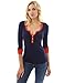 PattyBoutik Women Notch Neck Trim Long Sleeve Sweater (Dark Blue and Tangelo Small)