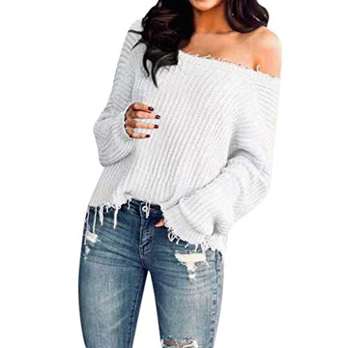 Forthery-Women Off Shouler Sweater V Neck Long Sleeve Knit Jumper Oversized Pullover Sweatshirts Tunic Tops(White,XXXL) - Thumbnail 5