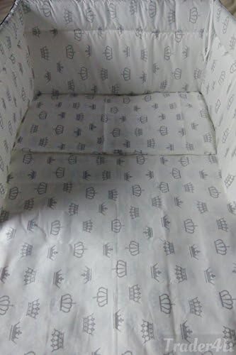 MillaLu 3 Pcs Baby Nursery Bedding Set fit to Cot 120x60cm or Cot Bed 140x70cm Padded Bumper (Fit to Cot Bed 140x70 cm, Grey Crowns on White)