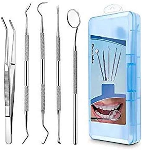 Dental Tools, High Grade Stainless 5 Pack Dental Picks for Dentist Home & Pet Use,Tarter Scraper, Tooth Pick, Dental Scaler, Tweezers and Mouth Mirror (Blue)