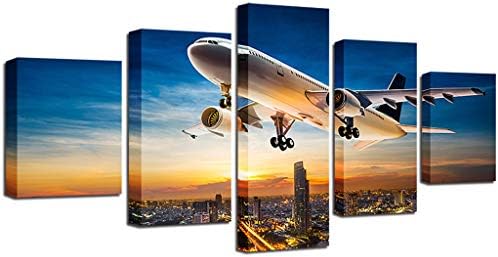 XTFFBH 5 Panel Stretched Skyline Artwork Canvas Prints Airplane Pictures Wall Art Ready to Hang for Living Room Bedroom Easy to Install（No Frame,Framed）