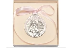 YOOZENA Baby with Guardian Angel Pewter Crib Medal with Pink Ribbon - Boxed.