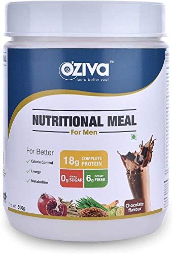 OZiva Nutritional Meal, Men, High Protein Meal Replacement Shake with Ayurvedic Herbs (Chocolate,16 Servings), 0g Added Sugar