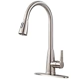 Friho Modern Commercial Lead-Free Stainless Steel Single Lever Handle High Arc Pull Down Sprayer Kitchen Sink Faucet,Brushed Nickel Pull Out Kitchen Faucets With Deck Plate