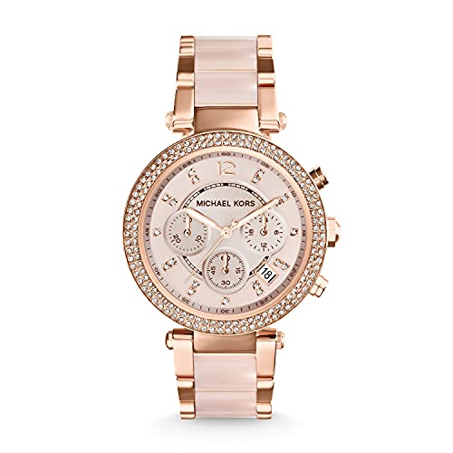 - Reloj Parker cronógrafo de Cuarzo con Correa de Acero Inoxidable en Tono Oro Rosa con eslabones centrales de Acetato ruborizado para Mujer MK5896