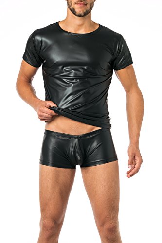 Latex- like Shirt 1/2 arm for men black Vinyl Wetlook Shirt (L)