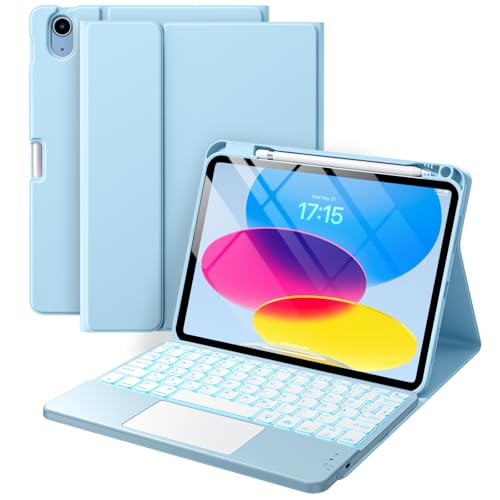 Vobafe Touchpad Hülle mit Tastatur für iPad A16 11 10 Generation 2025 2022, 11/10,9 Zoll, Magnetische Abnehmbar Tastatur, 7 farbige beleuchteter, mit