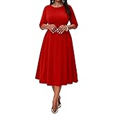 Nmoder Womens Cocktail Dress 3/4 Sleeve Elegant Church Dresses for Women Midi Work Crewneck Dress with Pockets