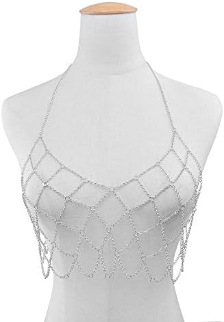 Body Chain Zerowin Alloy Net Cross Bra Chain Swimsuit Bikini Belts for womens summer beach swmming (silver)