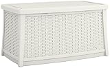 Suncast Elements 30-Gallon End Table with Storage - Lightweight Resin Outdoor Storage Patio and Coffee Table for Cushions, Gardening Tools and Toys - Store Items on Patio - White