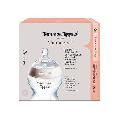 Biberones, biberón anticólicos Natural Start, 260 ml, pack de 2, con tetina de flujo lento tetina anatómica para un agarre natural, válvula anticólicos