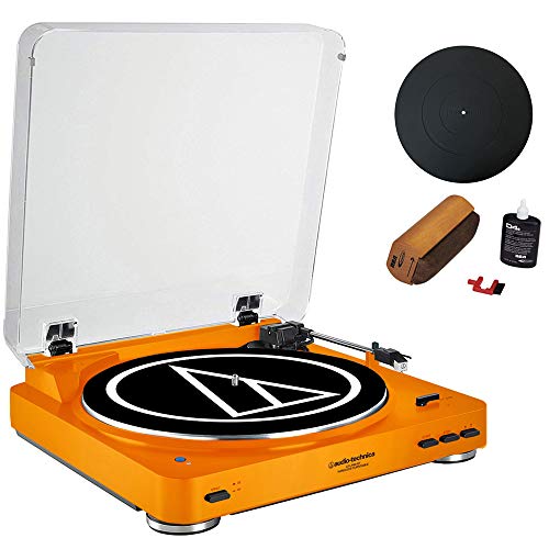 Audio-Technica Fully Automatic Bluetooth Stereo Turntable System LE Orange (AT-LP60ORBT) + Universal 12″ Silicone Rubber Turntable Platter Mat & Vinyl Record Cleaning Fluid System with Dust Brush