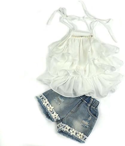 Summer Girls Clothes Outfits Mingfa Toddler Baby Kids Chiffon Pearl Vest Skirt+Jean Short Pants Set for 2-7 Years Olds