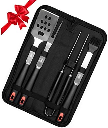 BBQ Grill Tools Set: 4 Piece Stainless Steel Grilling Utensils Kit of Fork, Spatula, Tongs & Basting Brush, Heavy Duty Barbecue Tools, Tailgating, Camping, Backyard Grilling Accessories, Perfect Gift