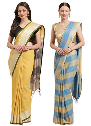 Alyaka Multicolor Women's Cotton Silk Blend Checked Woven Pack Of 2 Saree With Blouse Piece_(DF)12-Skyblue_ISWR-SOLID-BLACK
