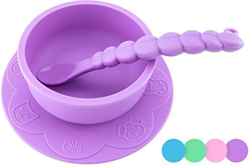 OBB Silicone Baby Bowl with Suction Cup Base and Animal Print | Includes Caterpillar Spoon (Purple)