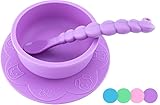 OBB Silicone Baby Bowl with Suction Cup Base and Animal Print | Includes Caterpillar Spoon (Purple)