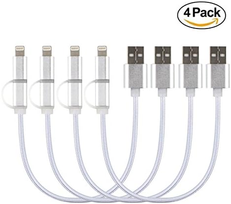 Upow 2-in-1 Short Nylon Braided Lightning and Micro USB Cable High Speed Sync and Charging Cable Cord (0.25m/9.5inch)(4 Pack) (Silver)