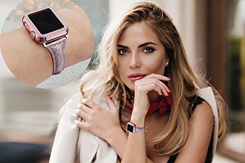 Secbolt Bling Case Compatible with Apple Watch 38mm 40mm 42mm 44mm, Full Cover Bumper Screen Protector for iWatch Series 5 4 3 2 1, Rose Pink 38mm