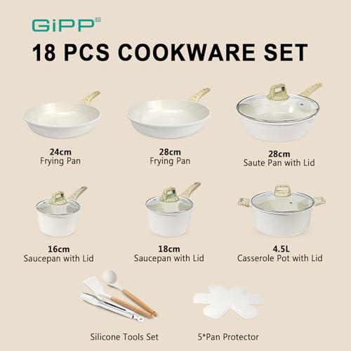 GiPP Ceramic Coating Cookware Sets, Pots and Pans Set Nonstick, 18Pcs Induction Cookware, Non-toxic Healthy Kitchen Cooking Set with Stay-Cool Handles, Dishwasher Safe, PFAS PTFE PFOA PFOS Free(White)