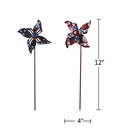 Waroom Home Patriotic Pinwheel Set of 2, American Flag Metal Wind Spinner for 4th of July Decoration, Stars and Stripes, Red White and Blue (S)