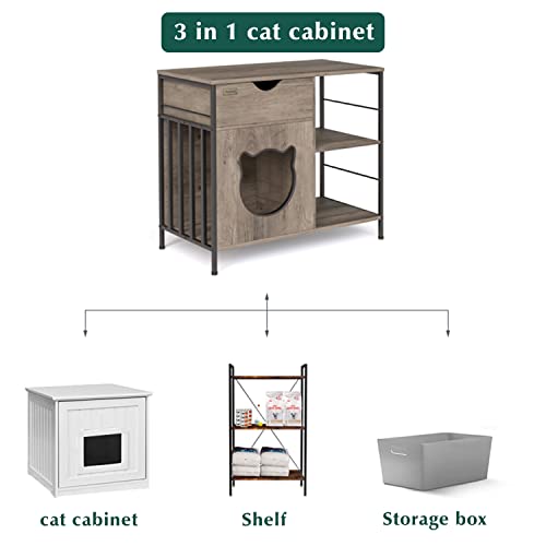 Cat Furniture Cabinet Enclosure,Cat House for Indoor Cats Side Table,Wooden Cat Cabinet with Drawer, Cat Home End Table with Storage Shelf, Nightstand,Grey