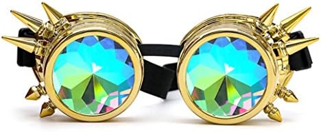 Quistal Kaleidoscope Rave Goggles Steampunk Glasses with Rainbow Crystal Glass Diffracted Lens (Gold)