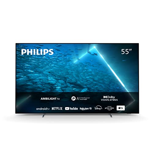 Philips 55OLED707/12, 55 Pouces 4K OLED HDR, Moteur P5, Technologie Ambilight Innovante, Son Dolby Atmos, Smart TV, Image et Son Cinématographiques
