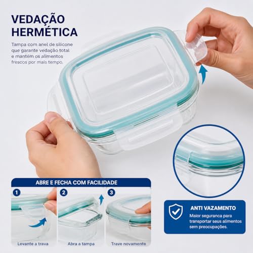 Kit 3 Potes Herméticos de Vidro com Tampa Vedação Silicone 370ml 640ml 1040ml – Livre de BPA, Vai ao Forno, Micro-ondas e Lava-louças Organizador