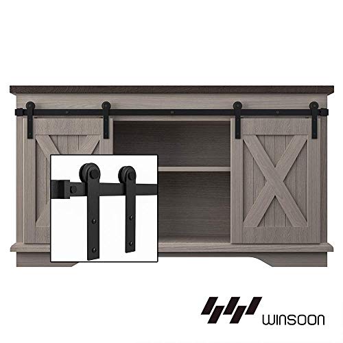 WINSOON 6FT Super Mini Sliding Barn Door Cabinet Hardware Kit for Double Doors TV Stands Small Wardrobe Cabinets, I Shape Hanger (NO Cabinet)