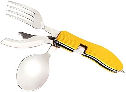 Atcose Stainless Steel Camping Cutlery 4-In-1 Foldable Multi-Function Folding Pocket Fork Spoon Knife Bottle Opener Kits Outdoor Tableware for Outdoor Travel Camping Hiking Hunting Picnic BBQ (Yellow)
