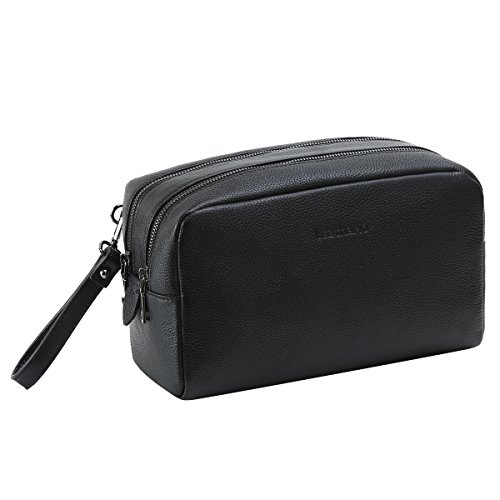 Leathario leather toiletry bag for men Travel Hanging genuine leather Two-layered storage sections organizer black