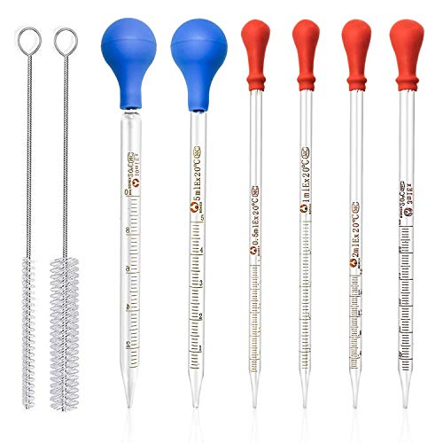 6 Pieces Glass Pipettes Graduated Dropper 0.5ml 1ml 2ml 3ml 5ml 10ml Glass Pipette Dropper with 6 Rubber Caps for Transfer Liquid Essential Oil