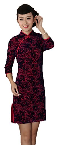 AvaCostume Women's Pleuche 3/4 Sleeve Lace Flower Vtg Qipao Dress