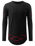 URBANCREWS Mens Hipster Hip Hop Basic Ripped Long Sleeve T-shirt BLACKRED, XL