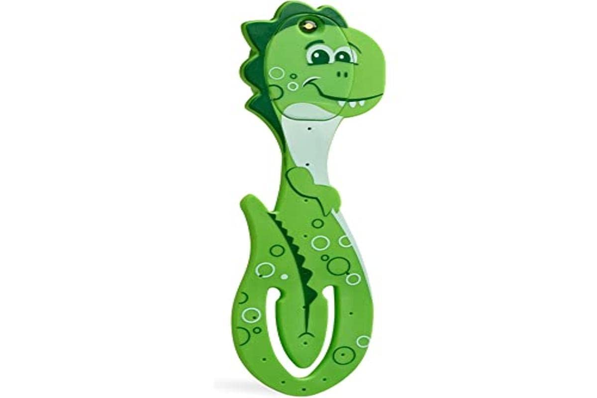 Gifts for Readers & Writers Book Light for Kids, Clip On Reading Light for Bed, 2in1 Flexilight Pals & Bookmark, Small & Lightweight with a Soft Glow, 2 Batteries Included, Dino Green
