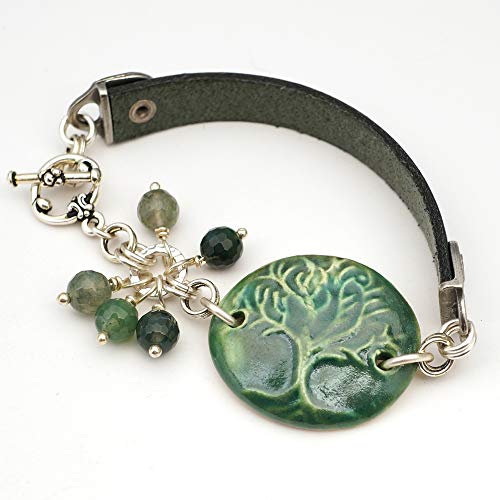 Green Tree of Life bracelet with moss agate beads, ceramic, silver and leather beads 7 1/4 inches long