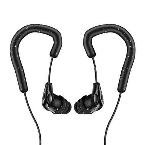 AGPTEK Swimming Earbuds with Adjustable Earhook, IPX8 Waterproof in-Ear Earphones with Different Eartips and Stereo Audio Extension Cable, Black SE13