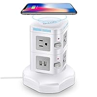 Power Strip Tower Wireless Charger - GLCON Surge Protector Electric Charging Station 3000W 13A 6 Outlet Plugs 4 USB Ports + 6ft Extension Cord Universal Socket PC Laptops Phone