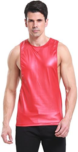 Uabrav Mens bodybuilding Vest Muscle Sport GYM faux leather fitness Tank top T-Shirt Red L