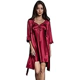 SUNBABY Women Sexy Silk Satin Robe Camisole Pajama Dress Two Piece Suit Sleepwear (M, Burgundy)