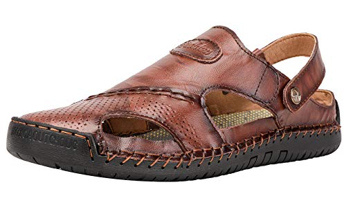 JIONS Mens Hand Stitching Soft Outdoor Closed Toe Leather Sandals Red Brown 8 M US/41