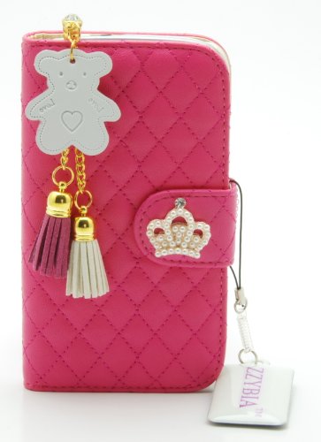 ZZYBIA S3 QCB Leatherette Case Card Holder Wallet With White Bear Fringed Dust Plug Charm and Screen Cleaning Pad for Samsung Galaxy S3 III I9300 I9305 (Shocking Pink)