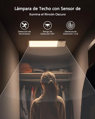 Lampara de Techo Recargable 12000mAh, 2 Pack Luz LED Inalámbrica con Sensor de Movimiento y Control Remoto, 3 Colores y Regulable, Luces para Cocina, Clóset, Baño, Pasillo, Recámara