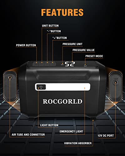 ROCGORLD R7 Digital Air Pump for Car Tires, 12V DC Tire Inflator Portable Air Compressor with Emergency LED Light, Max 150 PSI Auto Shut Off Air Compressor Portable for Car, Motorcycle, Bicycle, etc.