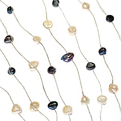 Silk Thread and Black White Cultured Freshwater Pearl Multi Strand Cluster Necklace, 17-19 inches