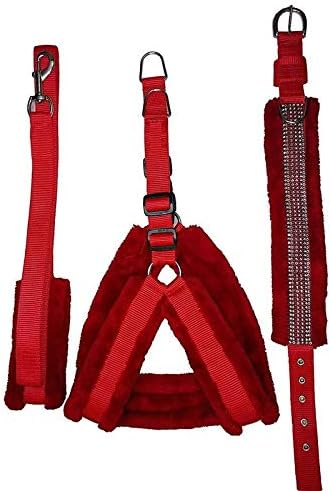 Pets Planet Adjustable Dog Harness Collar and Leash Set with Soft Fur Combo 1.25 Inch Chest Size (75-61 cm , Large Red)