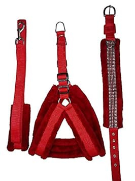 Pets Planet Adjustable Dog Harness Collar and Leash Set with Soft Fur Combo 1.25 Inch Chest Size (75-61 cm , Large Red)