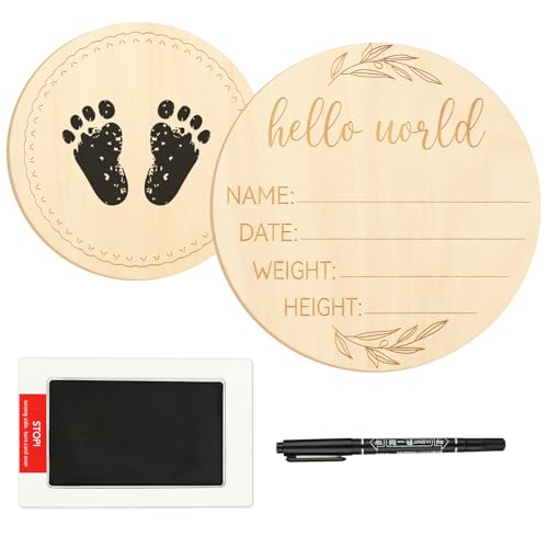 Hidaily Baby Birth Announcement Sign, 6.7 Inch Wooden Hello World Newborn Name Sign for Hospital, Baby Welcome Sign Photo Props for Boys and Girls
