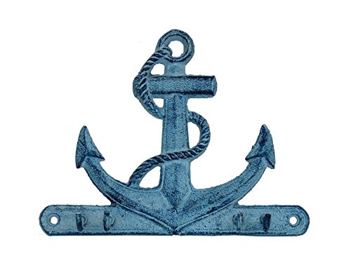 Hampton Nautical Rustic Dark Blue Whitewashed Cast Iron Anchor with Hooks 8" (Nautical Hook)